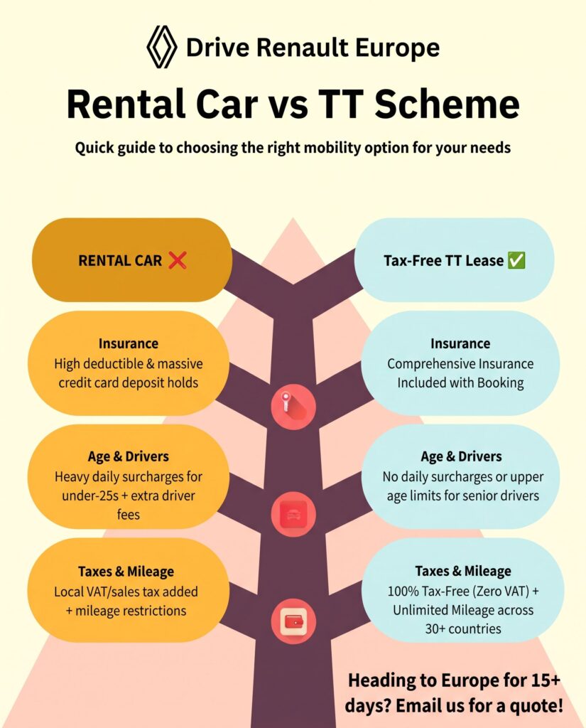 Renault TT Lease vs Standard Rental Car Comparison Comparison chart showing advantages of official Renault TT Eurodrive tax-free lease versus traditional European car rentals including zero insurance deductible and unlimited mileage.